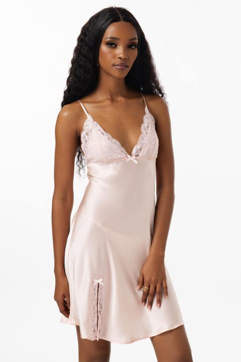 Lace Back Straps Silk Dress Nightgown