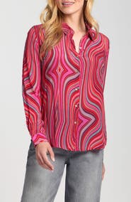 APNY Abstract Print Roll Tab Sleeve Chiffon Button-Up Shirt