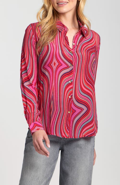 Apny Abstract Print Roll Tab Sleeve Chiffon Button-up Shirt In Pink