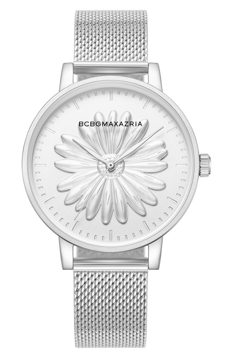 BCBG Max Azria 3D Flower Quartz Mesh Strap Watch, 38mm, Main, color, 