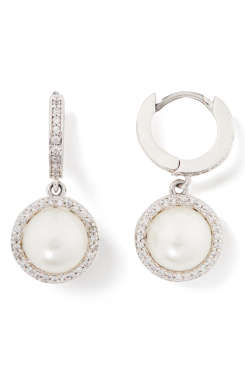 Kate Spade New York something sparkly imitation pearl drop huggie hoop earrings, Main, color,