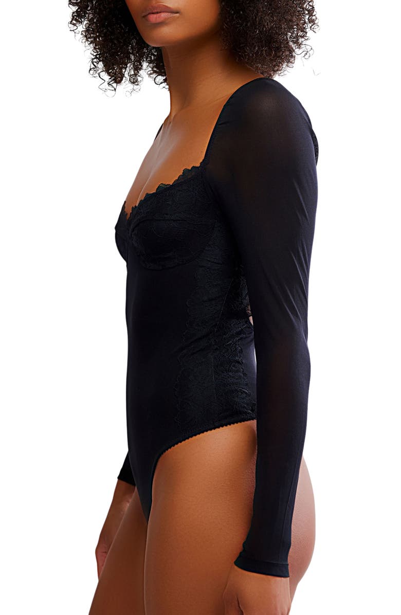 Free People Suddenly Fine Lace Bodysuit, Alternate, color, Black