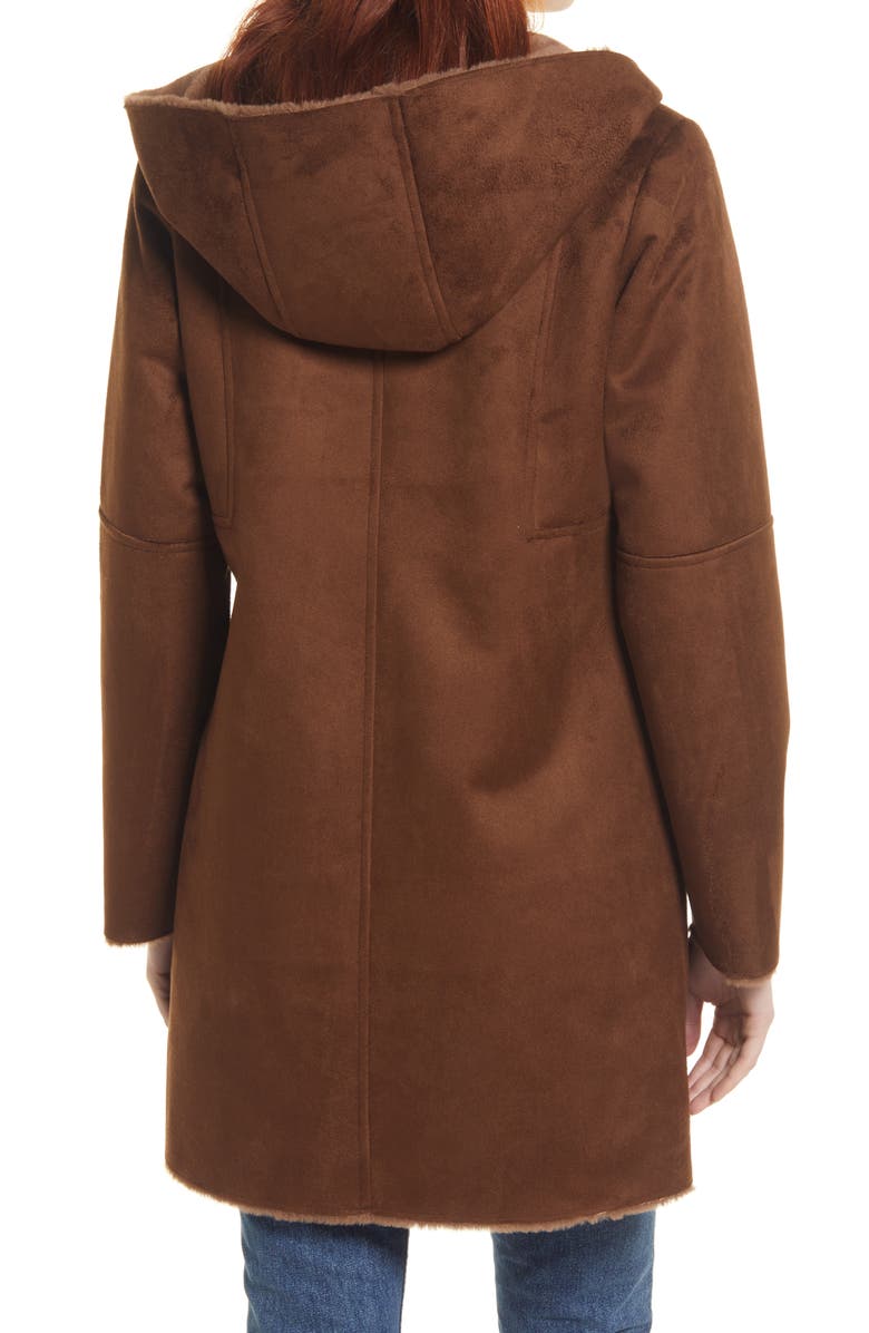 Gallery Hooded Faux Suede & Faux Shearling A-Line Coat, Alternate, color, Brown