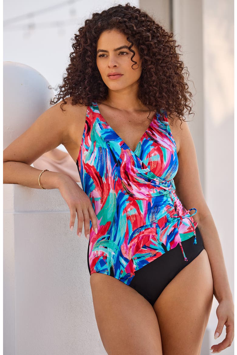 Ruffle Surplice Long Torso One-Piece Swimsuit, Alternate, color, Carnival Dance