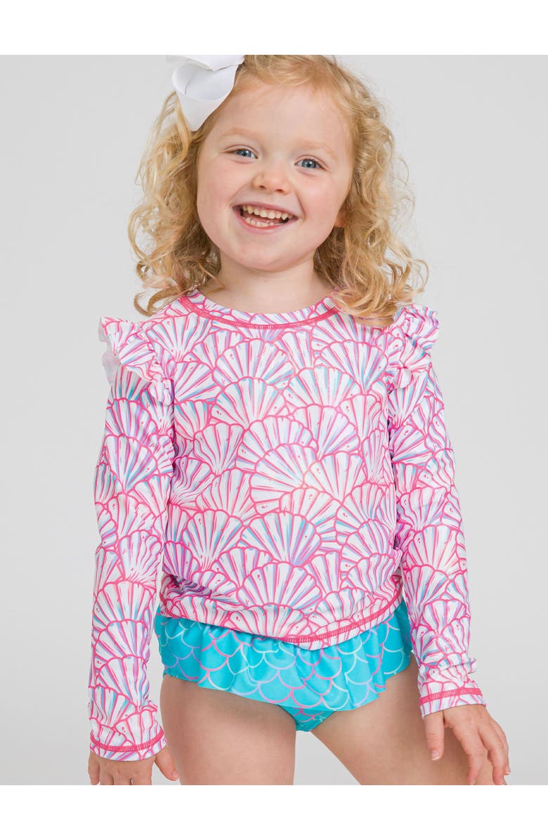 RuffleButts Baby/Toddler Girls UPF50+ Sun Protected Skirted Flutter Long Sleeve Rash Guard Bikini, Alternate, color, Pink Magical Mermaids