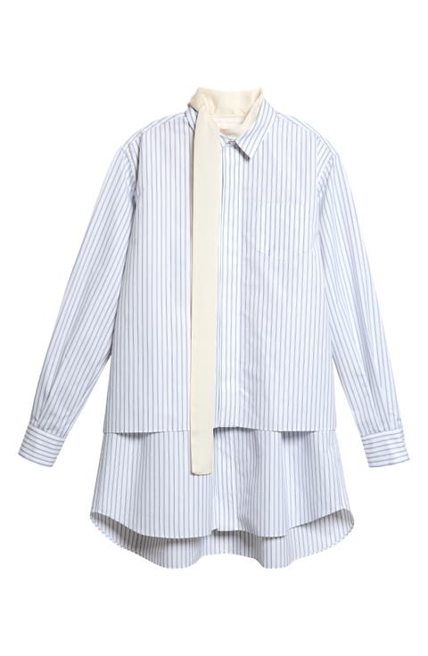 Stripe Layered Long Sleeve Poplin Dress with Satin Tie