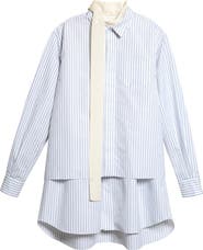 Sacai Stripe Layered Long Sleeve Poplin Dress with Satin Tie