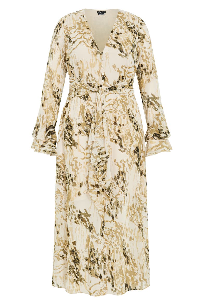 Print Tie Waist Long Sleeve Maxi Dress, Alternate, color, SKIN