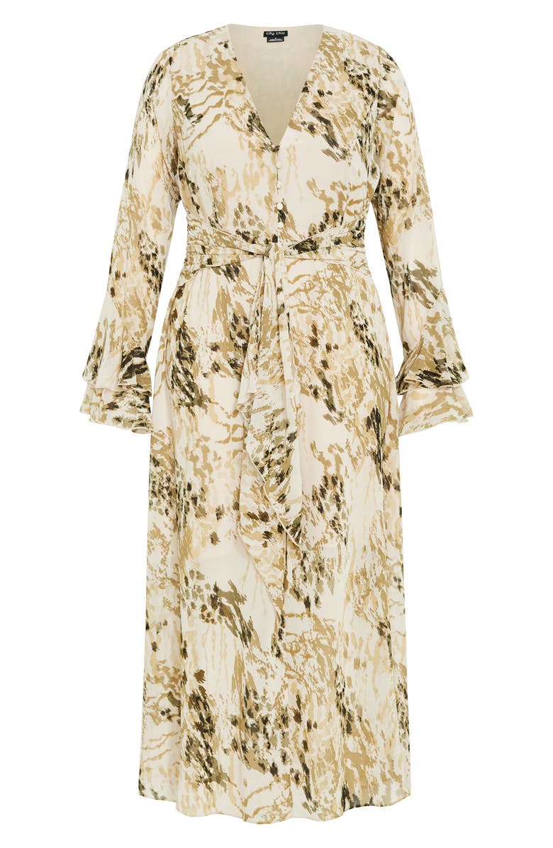 City Chic Print Tie Waist Long Sleeve Maxi Dress, Alternate, color, Skin