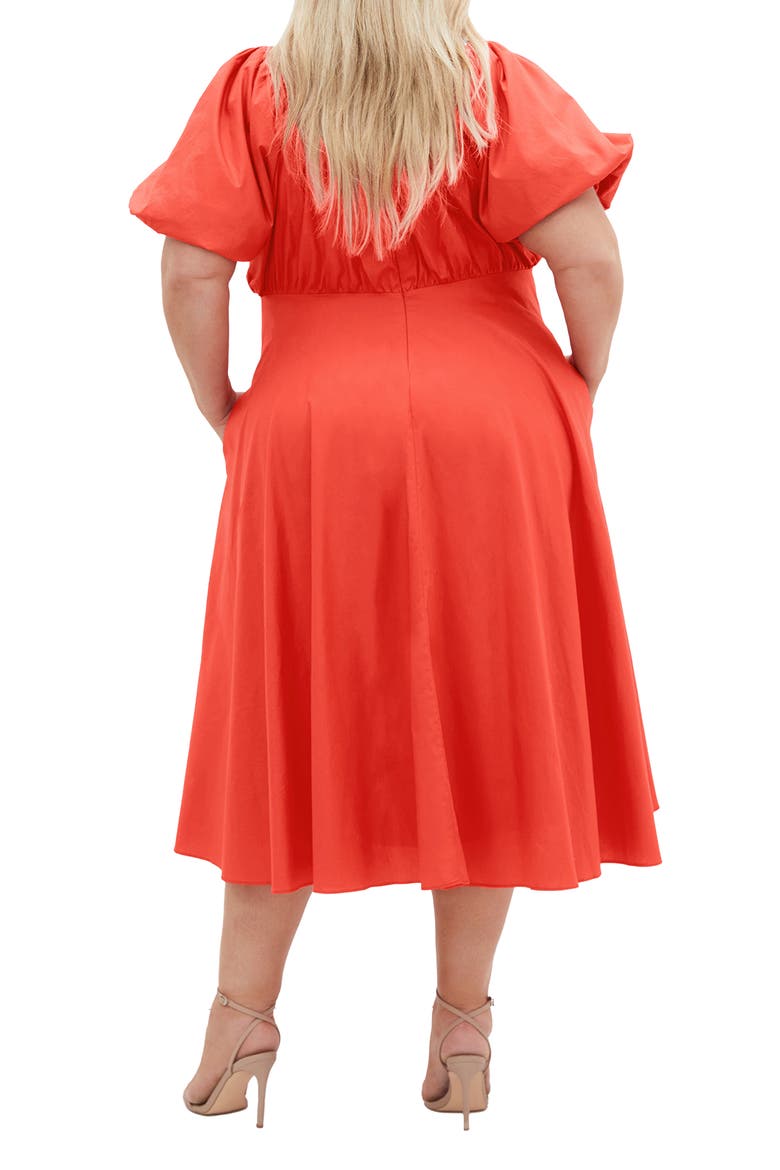 Rosabella Puff Sleeve Midi Dress, Alternate, color, SUNSET CORAL