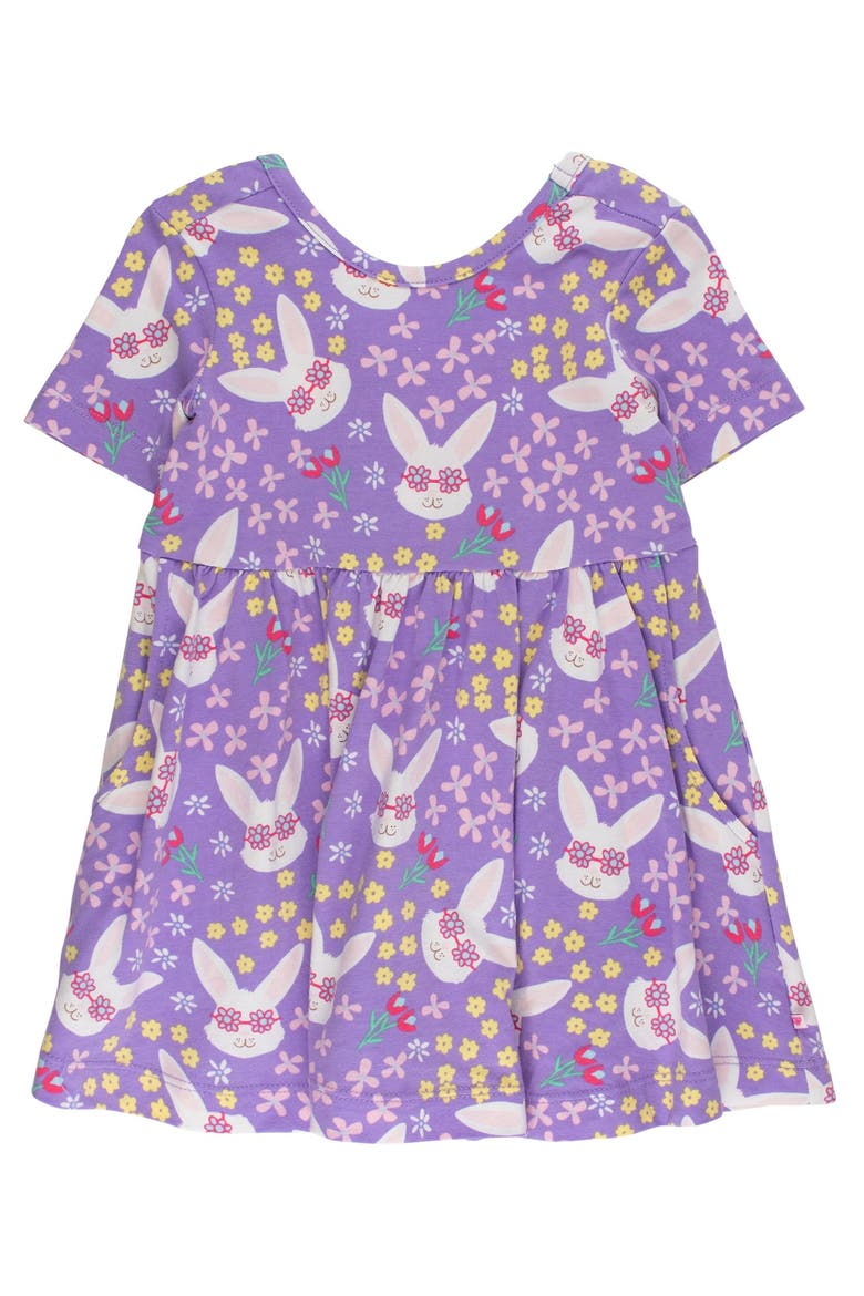 Knit Short Sleeve Twirl Dress, Main, color, Purple Sunny Bunnies