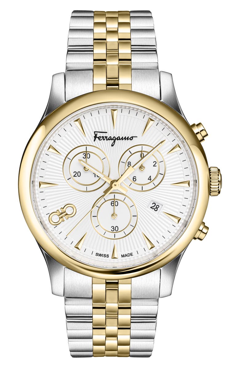 FERRAGAMO Duo Chronograph Two-Tone Bracelet Watch, 42mm, Main, color, White/ Two Tone