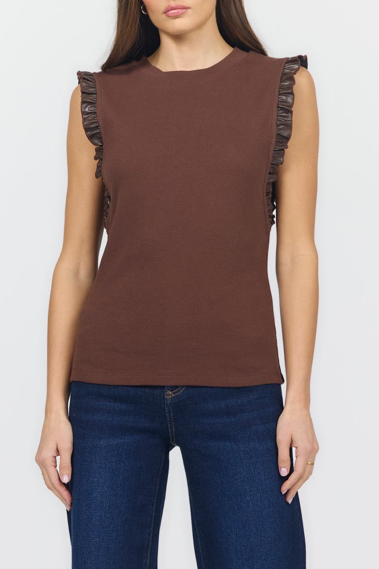 Bridget Leather Ruffle Rib Tank, Main, color, Shaved Chocolate