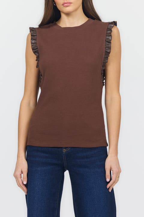 Bridget Rib Tank with Leather Ruffle Trim