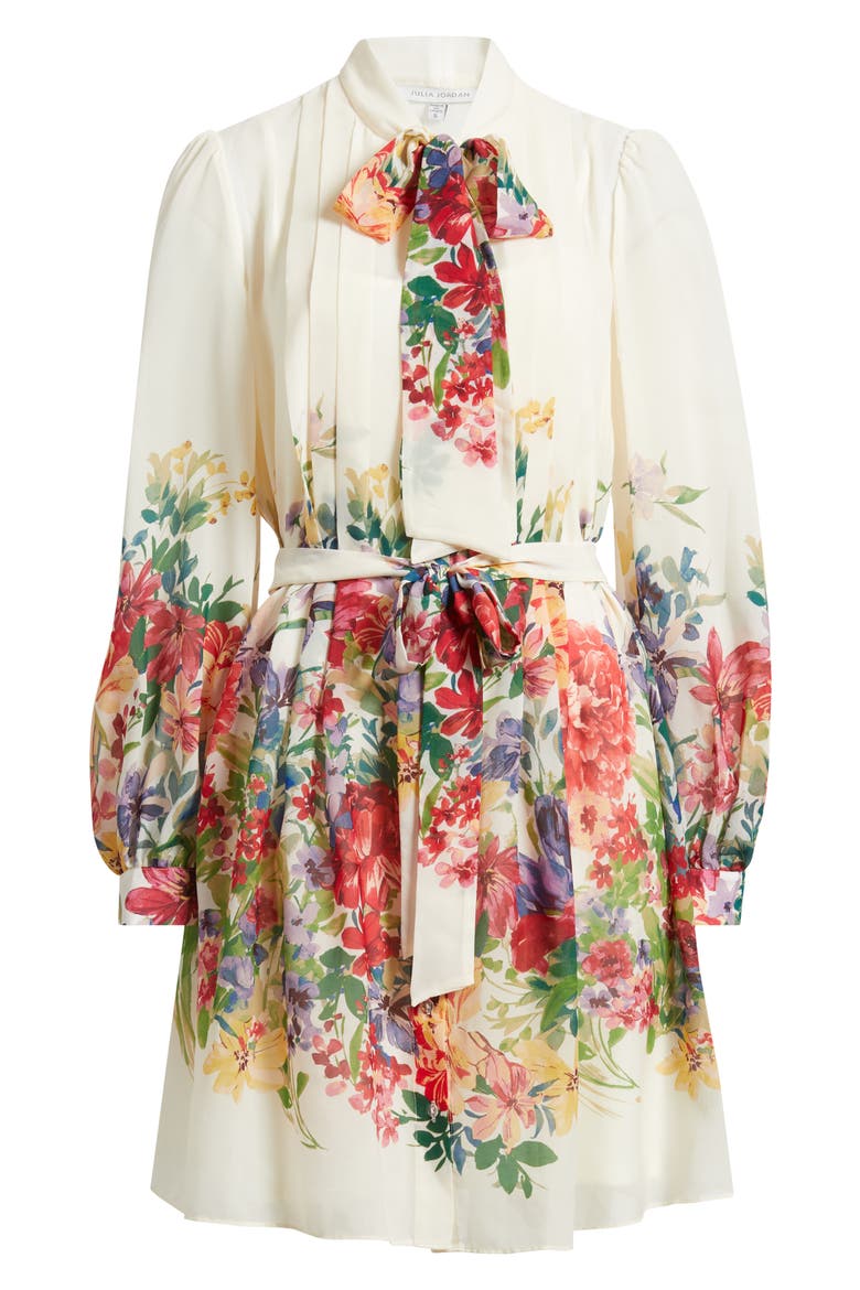 Floral Print Tie Neck Long Sleeve Dress, Alternate, color, IVORY MULTI