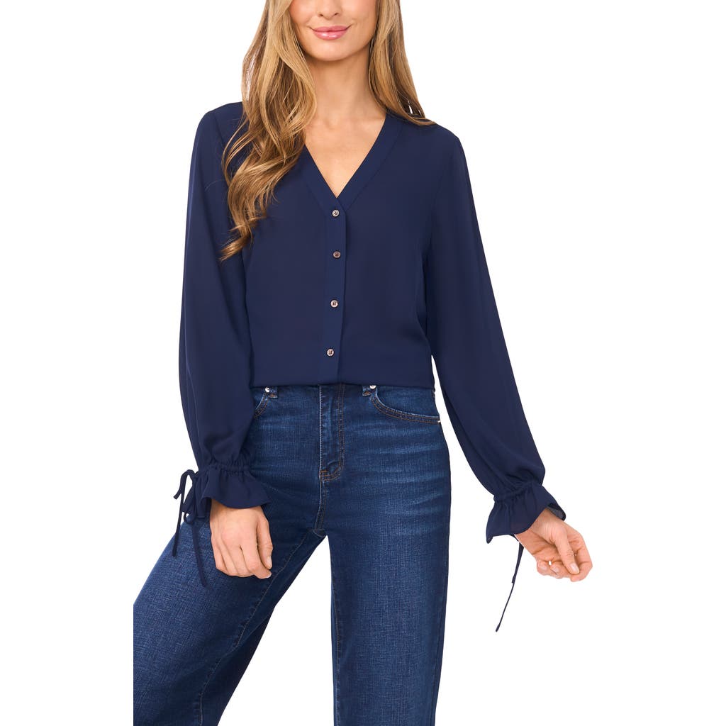 Cece Tie Cuff Button-up Top In Blue