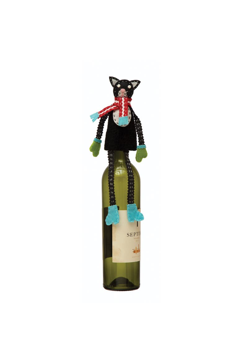 Fabric & Wool Felt Cat in Scarf Bottle Topper with Embroidery & Applique, Multicolor, Main, color, Multicolor