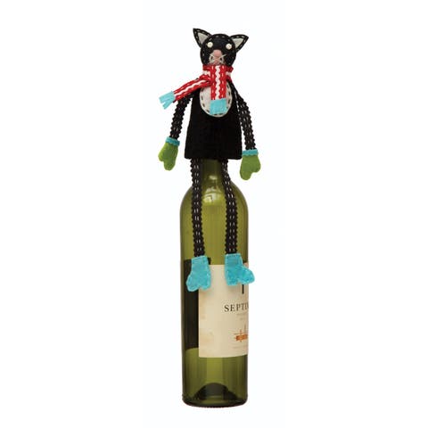 Fabric & Wool Felt Cat in Scarf Bottle Topper with Embroidery & Applique, Multicolor