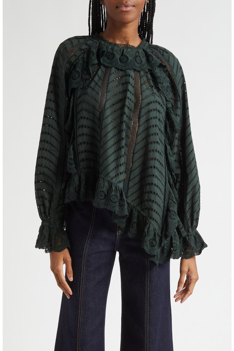 Marcella Eyelet Ruffle Top, Main, color, CYPRESS