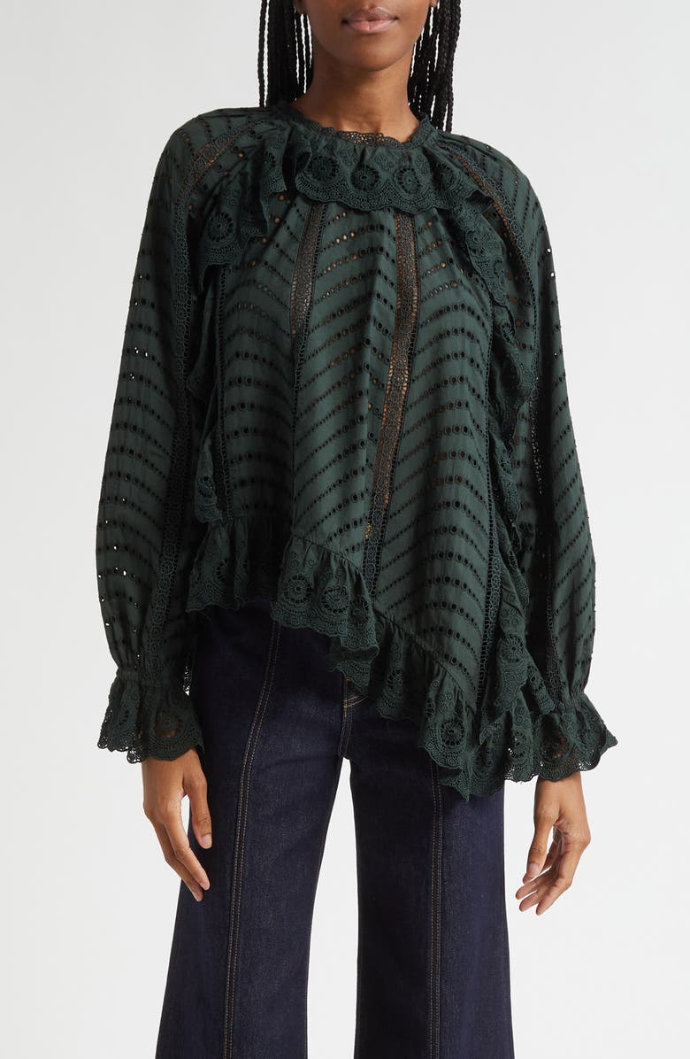Ulla Johnson Marcella Eyelet Ruffle Top, Main, color, Cypress