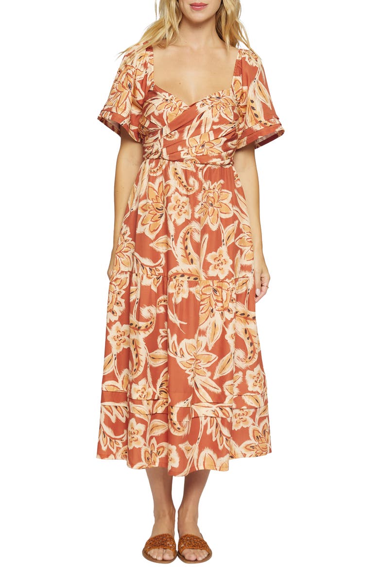 Terra Di Siena Floral Tiered Midi Dress, Main, color, BROWN-MULTI