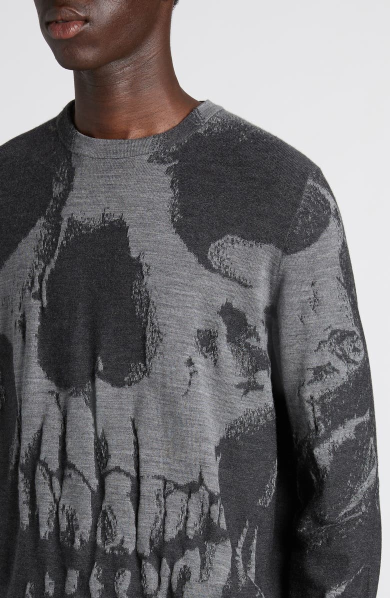 McQueen Skull Double Knit Wool Crewneck Sweater, Alternate, color, Grey Ml/ Charcoal