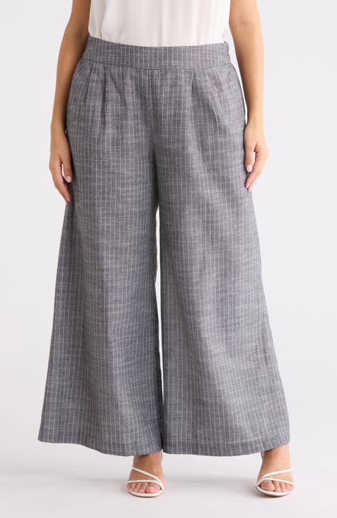 Stripe Cotton & Linen Wide Leg Pants (Plus)