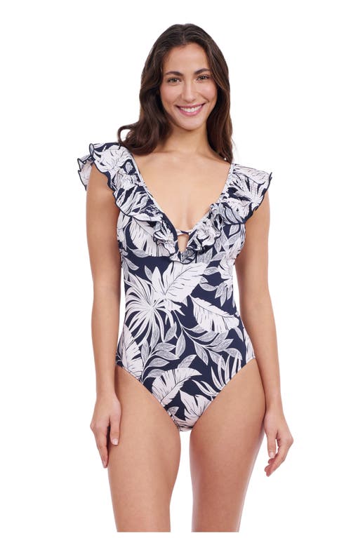 Profile by Gottex Malaya Ruffle V Neck Deep Plunge One Piece in Navy White 