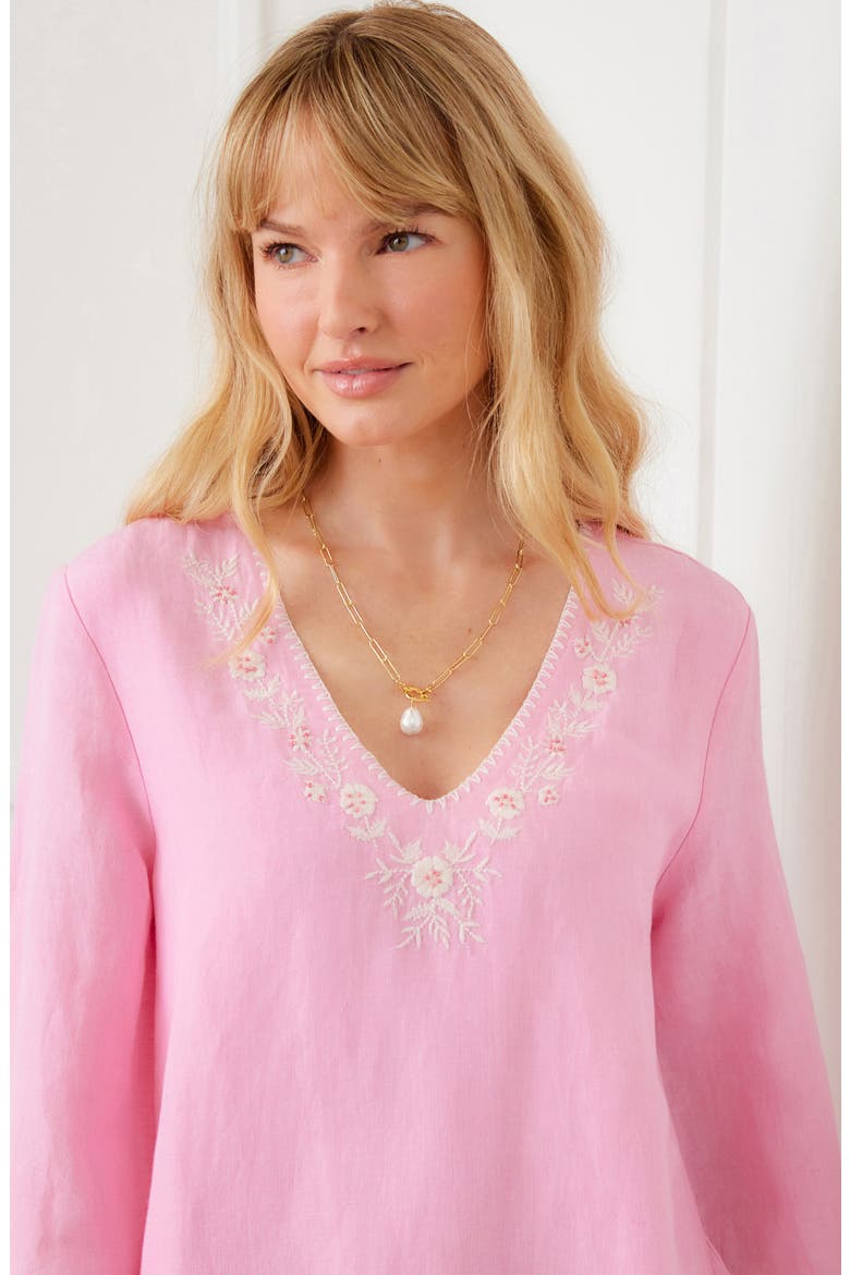 Embroidered Asymmetric Hem Linen Blend Top, Alternate, color, PINK