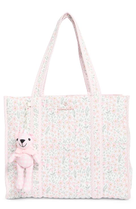 Floral Quilted Tote with Bear Charm & Crossbody Bag