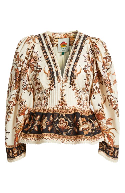 Farm Rio Majestic Garden Lace Puff Sleeve Cotton Top In Gold
