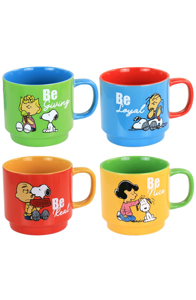 Gibson Classic Gentle Reminders Collection 4 Piece Stoneware Stackable Mug Set with Metal Stand, Alternate, color, Blue