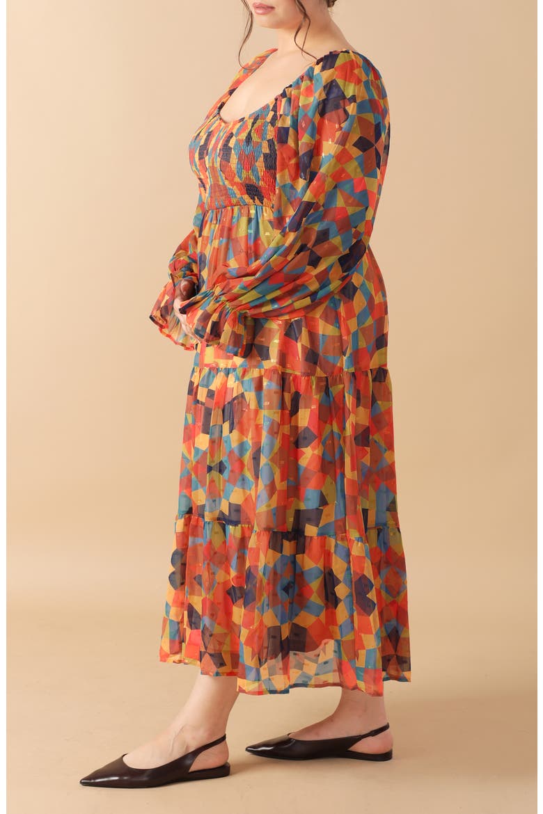 Long Sleeve Clip Dot Chiffon Midi Dress, Alternate, color, RUST NAVY
