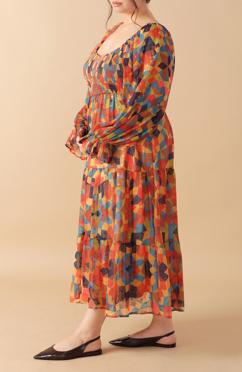 FLYING TOMATO Long Sleeve Clip Dot Chiffon Midi Dress, Alternate, color, Rust Navy