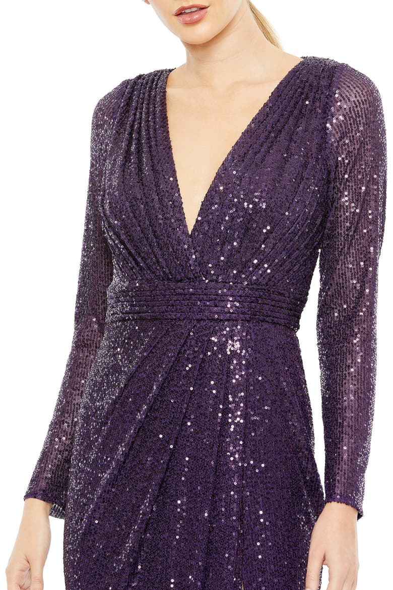 Sequin Long Sleeve Faux Wrap Gown, Alternate, color, PURPLE