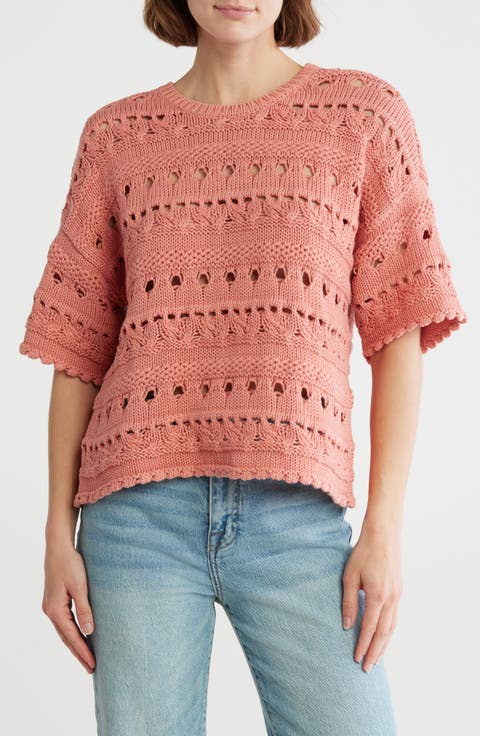 Elbow Sleeve Cotton Pointelle Sweater