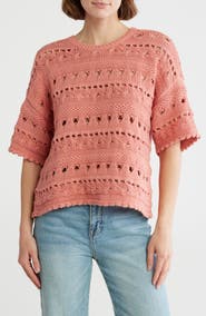 Melrose and Market Elbow Sleeve Cotton Pointelle Sweater