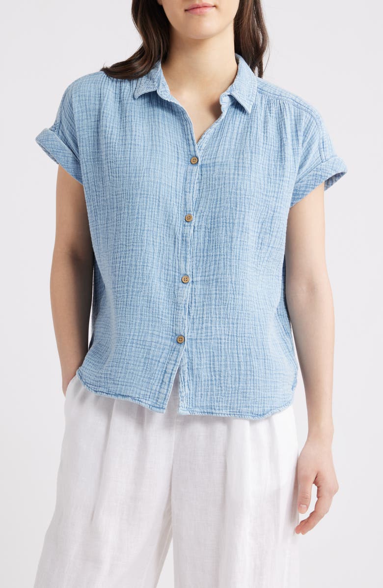 beachlunchlounge Dana Cotton Button-Up Shirt, Main, color, Blue Acid Wash