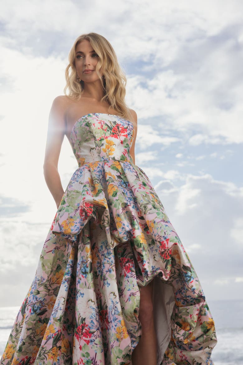 Multicolor Strapless Floral High Low Bubble Hem Gown, Alternate, color, Pastel Multi