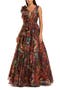 Floral Print Ballgown with Ruffle Shoulder and Plunging V-Neck