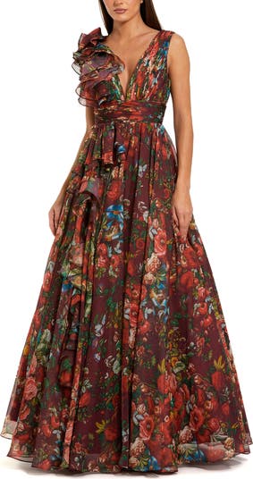 Floral Print Ballgown with Ruffle Shoulder and Plunging V-Neck