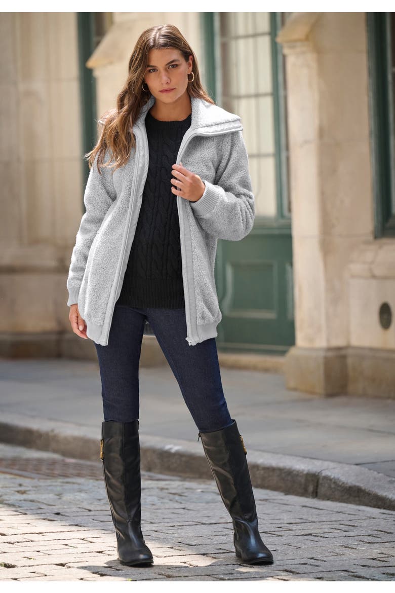 Plus Size High Collar Teddy Fleece Bomber, Alternate, color, HEATHER GREY