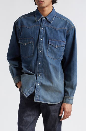 BURBERRY SNAP BUTTON DENIM SINGLE selling FLAP MENS SHIRT