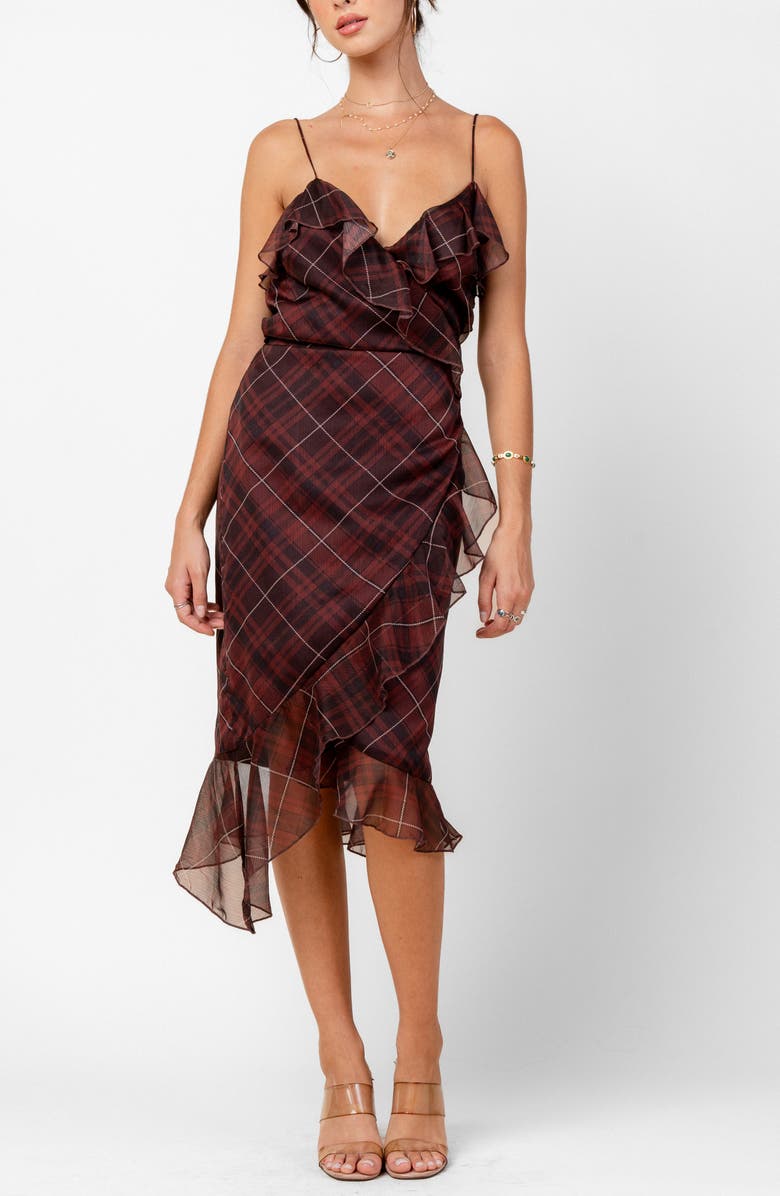 Beivy Plaid Ruffle Midi Dress, Alternate, color, Wine