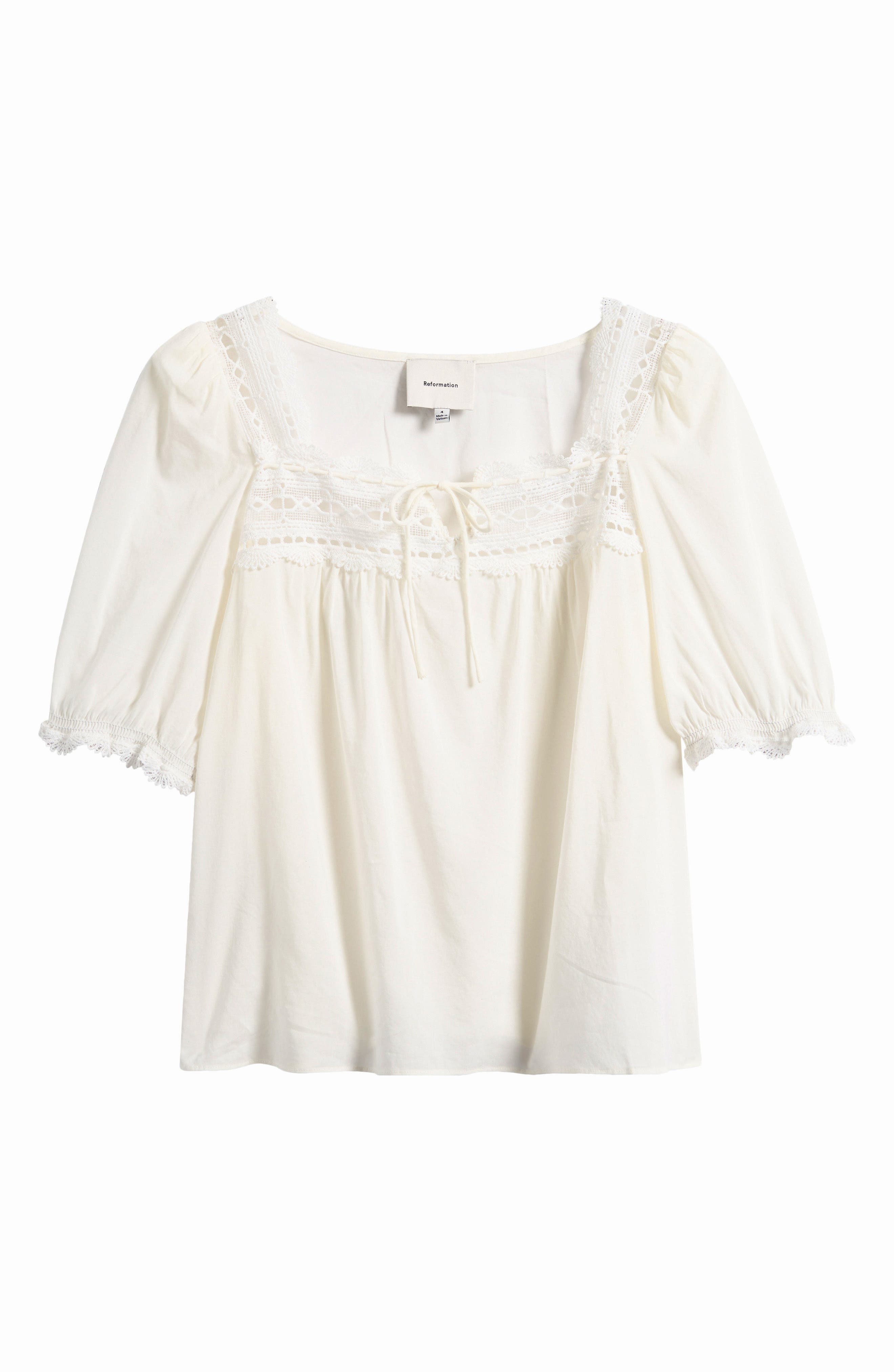 Wildflower Lace Trim Puff Sleeve Organic Cotton Blend Top (Women