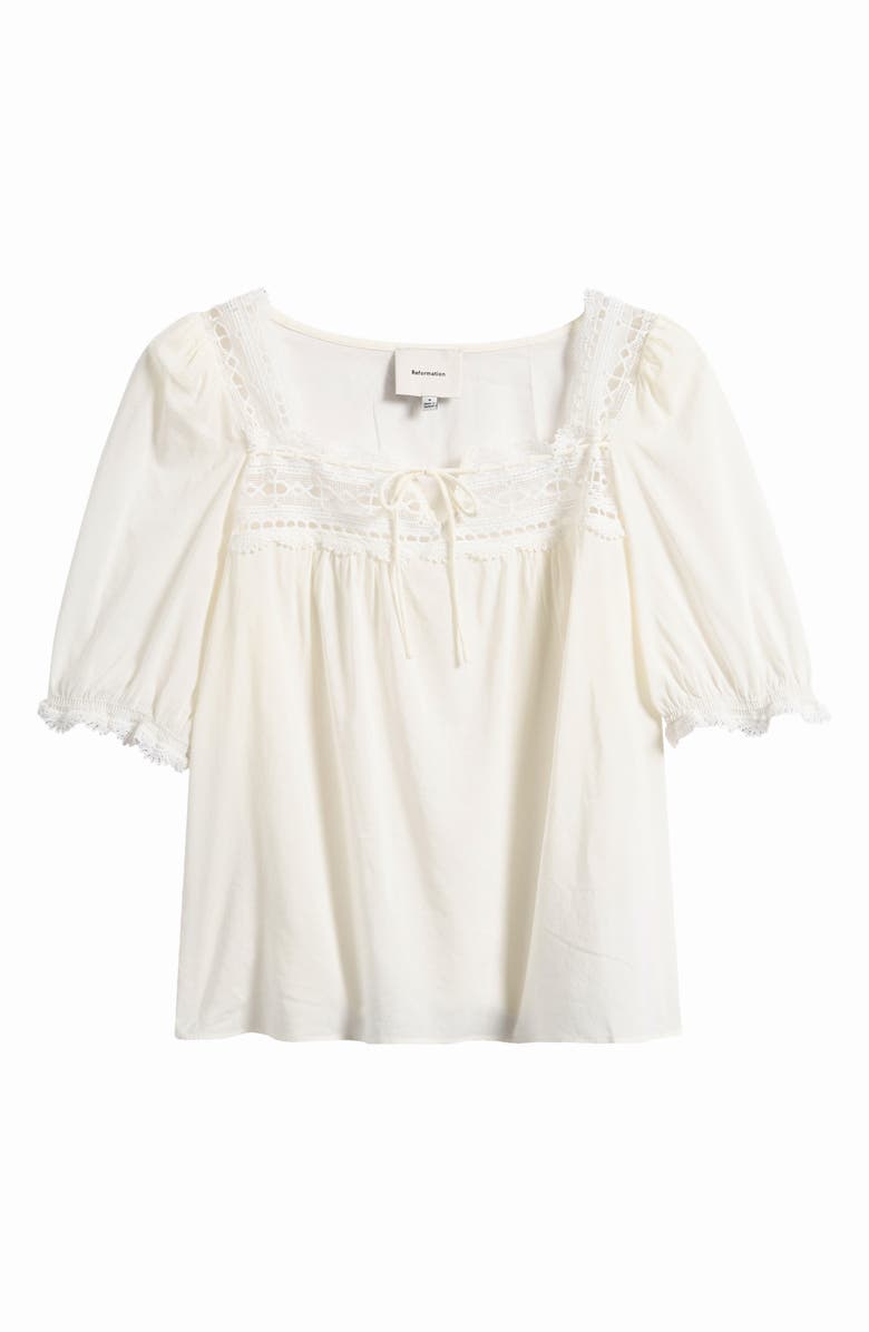 Reformation Wildflower Lace Trim Puff Sleeve Organic Cotton Blend Top, Main, color, White