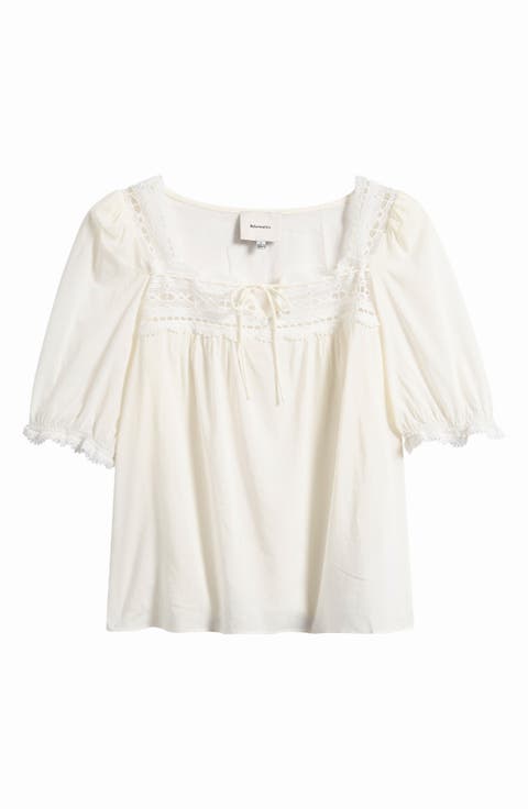 Wildflower Lace Trim Puff Sleeve Organic Cotton Blend Top
