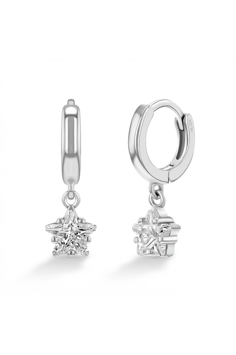 Star CZ Dangle Girl Hoop Earrings, Main, color, Silver