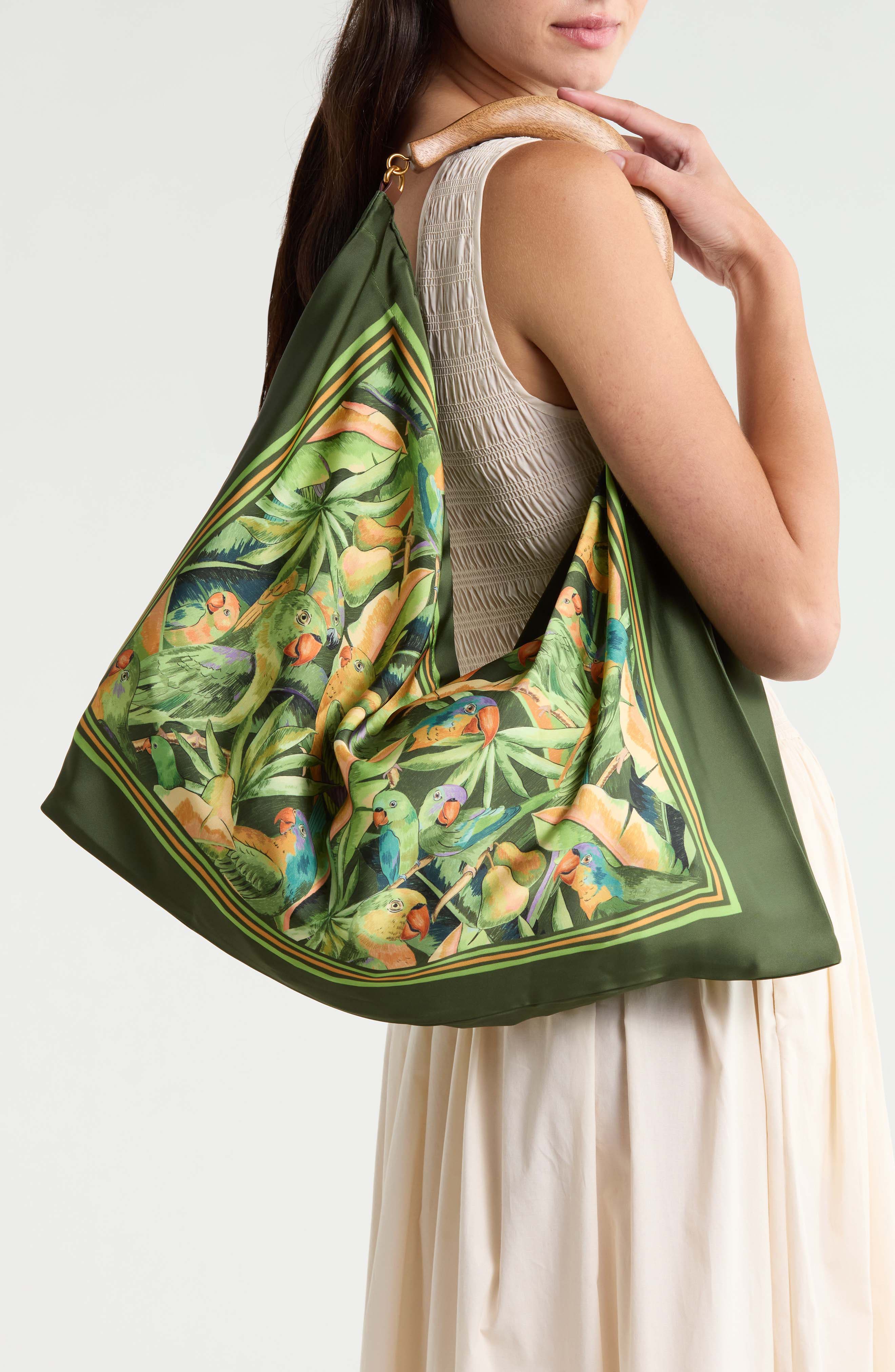 Medium Satin Scarf Bag, Alternate, color, PARROTS FOREST GREEN