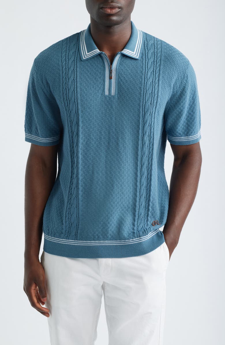 MALBON Navarro Textured Cotton Zip Polo, Main, color, Aegean Blue